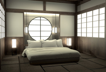 Bedroom modern zen interior design with decoration japanese style.3D..